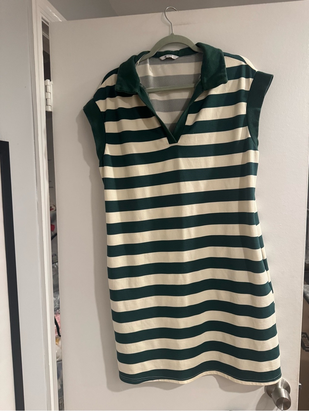 Wenrine Green & Cream Striped Polo Mini Dress Sleeveless with Pockets XL